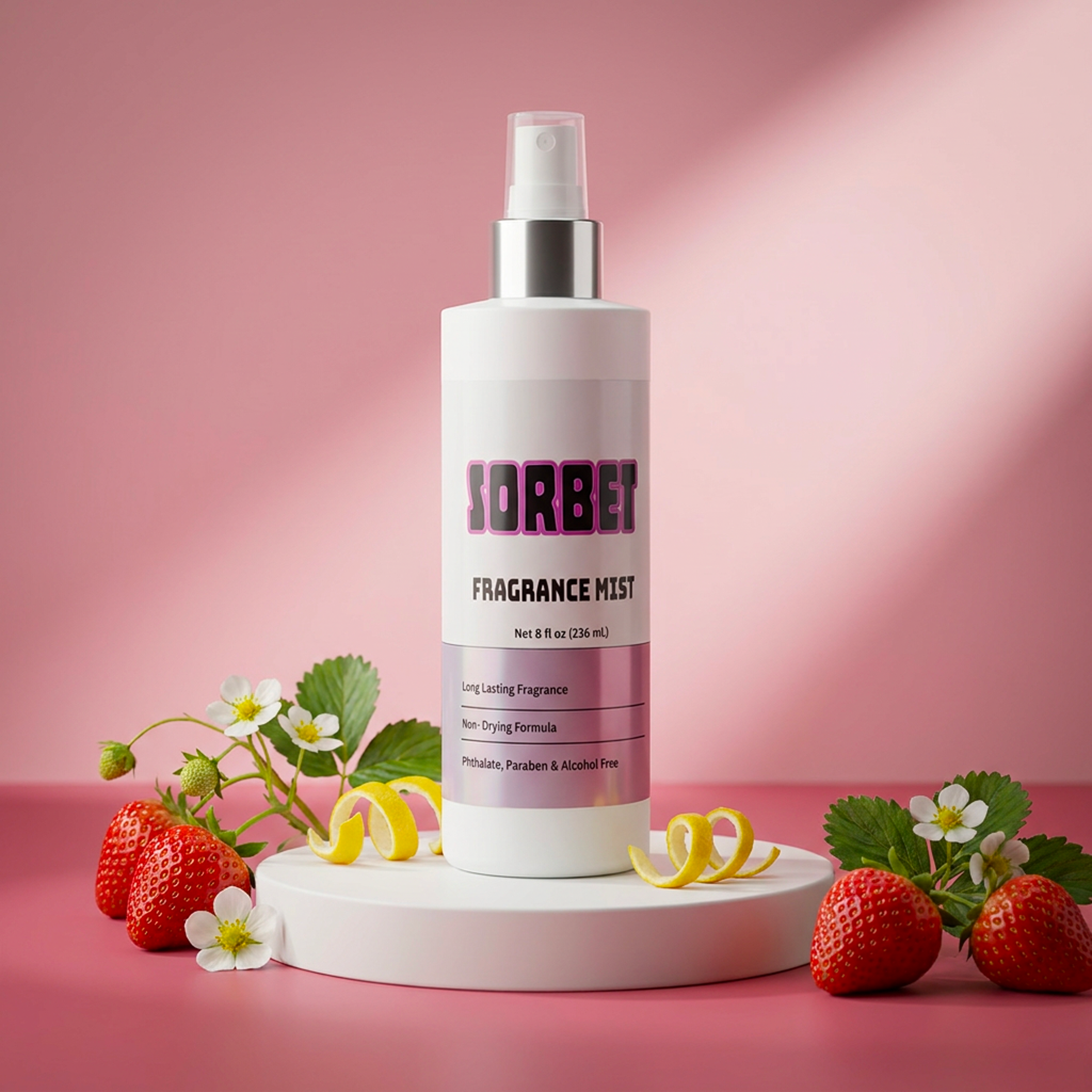 sorbet fragrance mist bottle standing on white foam stand with pink background and strawberries on the vine with lemon zest